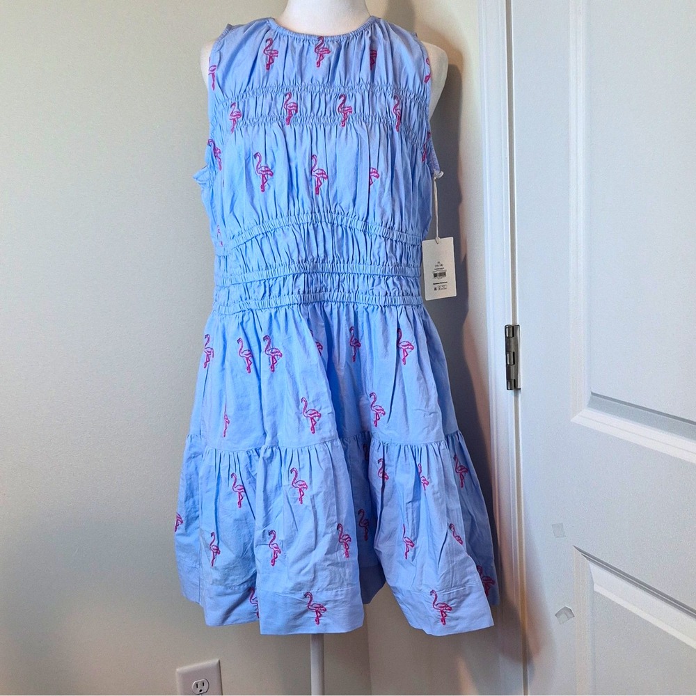 Free Assembly Blue Flamingo Embroidered Smocked Sleeveless Dress Size XL